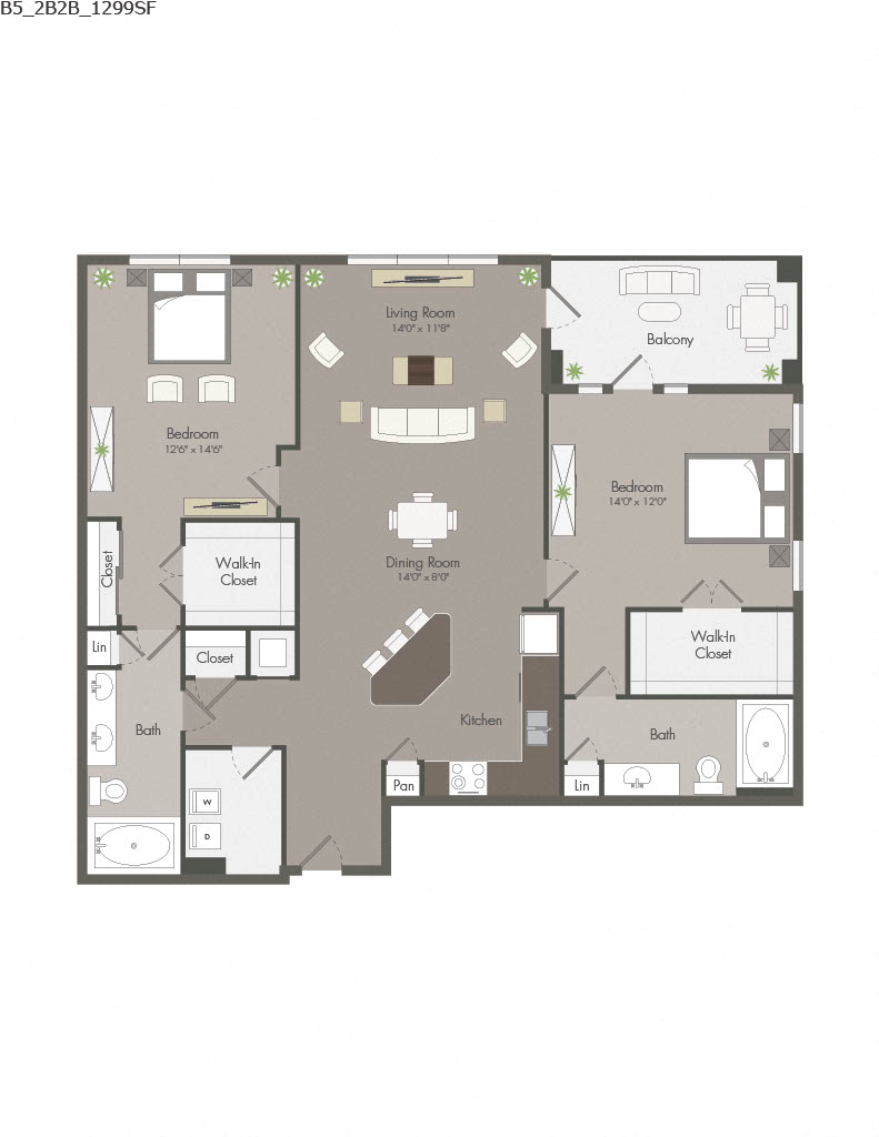 Floor plan for 2 beds, 2 baths, 1299 sqft